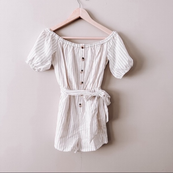 revolve l’academie white stoped off shoulder romper with tie waist - Picture 6 of 8